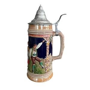Vtg Gerz German Beer Stein Pewter Lid Tall Feast Celebration Oktoberfest 3 Liter